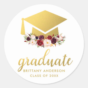 Graduate Gold Burgundy Watercolor Floral Classic Round Sticker