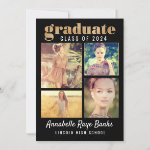 Graduate Gold Class of 2024 Collage Black Invitation