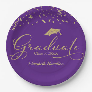 Graduate Gold Foil Graduation Party Black Purple Paper Plate