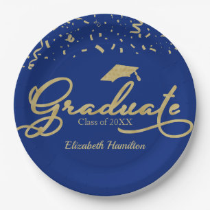 Graduate Gold Foil Graduation Party Blue Paper Plate