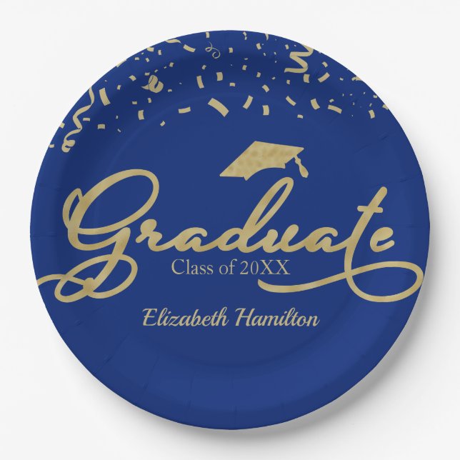 Graduate Gold Foil Graduation Party Blue Paper Plate (Front)