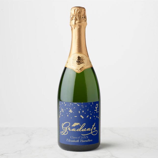 Graduate Gold Foil Graduation Party Blue Sparkling Wine Label (Front)