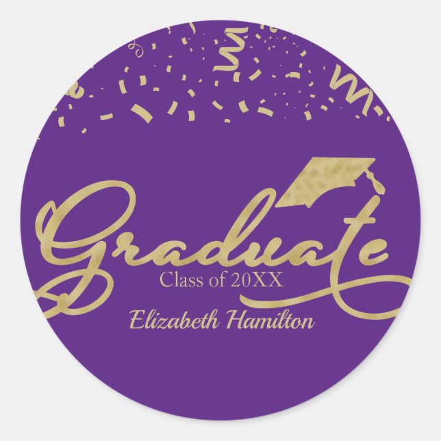 Graduate Gold Foil Graduation Party Purple Classic Round Sticker (Front)