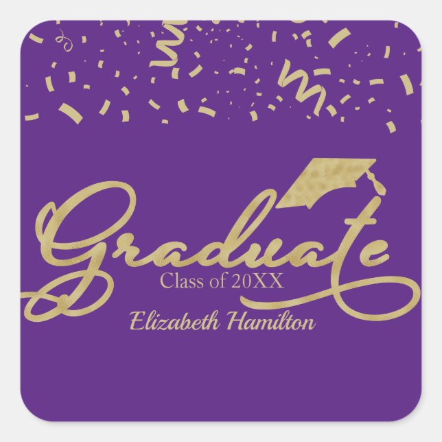 Graduate Gold Foil Graduation Party Purple Square Sticker (Front)