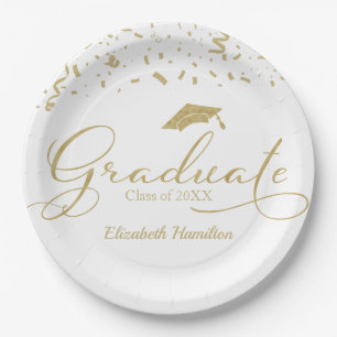 Graduate Gold Foil Graduation Party White Paper Plate