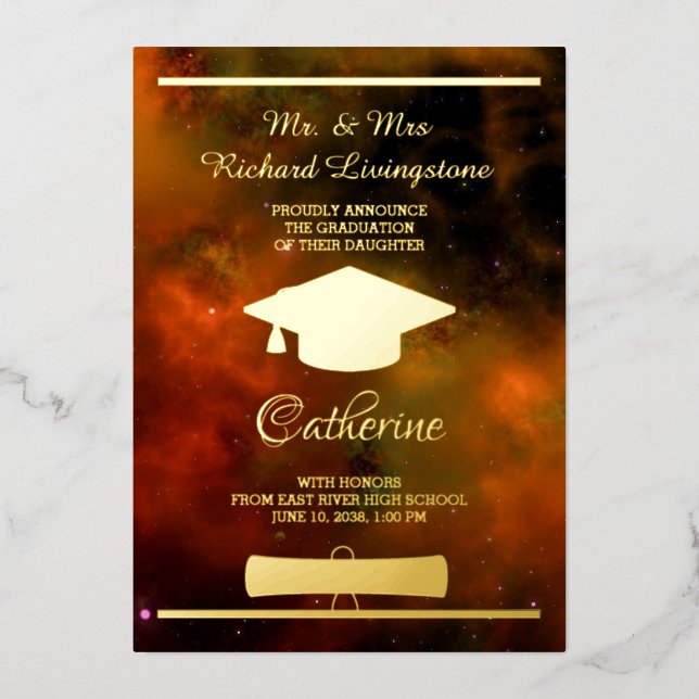 Graduate Gold Foil Red Galaxy Announcement Card (Front)