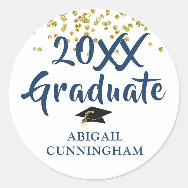 Graduate Gold Glitter Confetti Brush Script Blue Classic Round Sticker (Front)