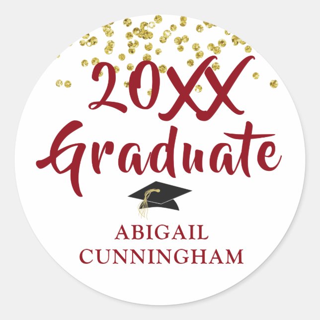 Graduate Gold Glitter Confetti Brush Script Red Classic Round Sticker (Front)