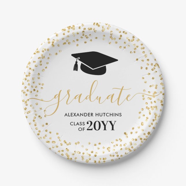 Graduate Gold Glitter Confetti Graduation Party Paper Plate (Front)