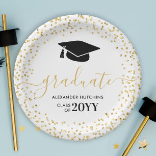 Graduate Gold Glitter Confetti Graduation Party Paper Plate
