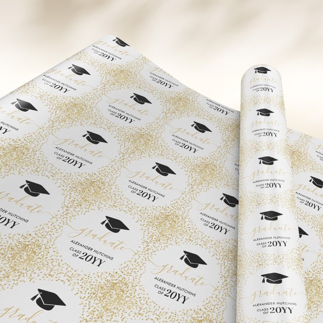 Graduate Gold Glitter Confetti White Black Wrapping Paper (Creator Uploaded)