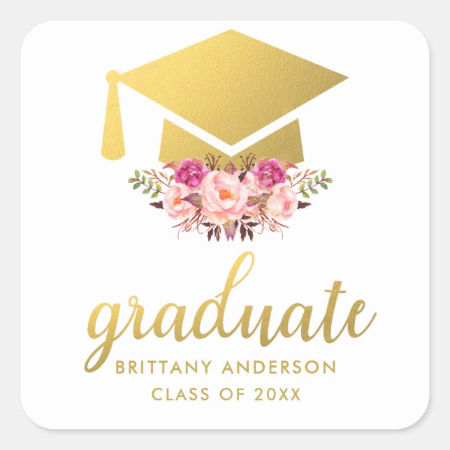 Graduate Gold Pink Watercolor Floral Square Sticker (Front)