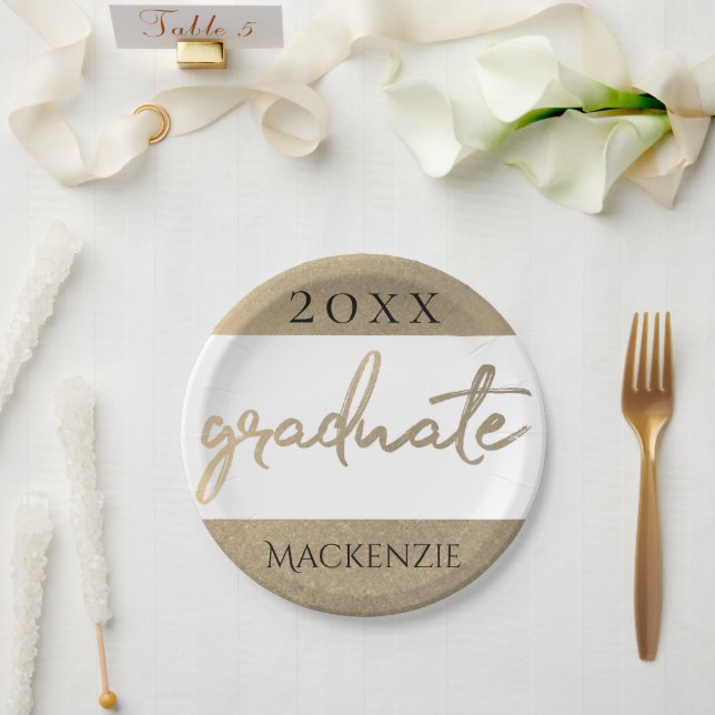 Graduate Gold Script | Classy Brush with Year Paper Plate (Wedding)