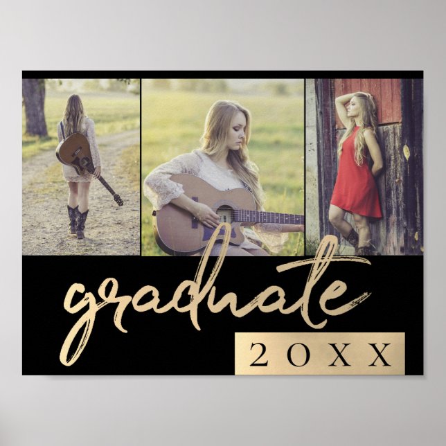 Graduate Gold Script | Elegant 3 Photo Keepsake Poster (Front)