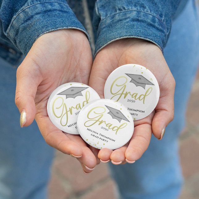 Graduate Gold Script Graduation Party Button Favor (Custom script graduation button favor for Class of celebration and party fun. 🎓✨)