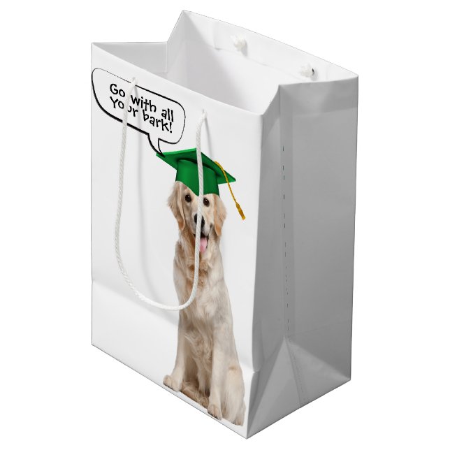 Graduate Golden Retriever with Green Cap Medium Gift Bag (Front Angled)