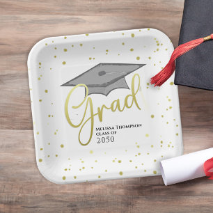 Graduate Grad Gold Calligraphy Graduation Cap Paper Plate