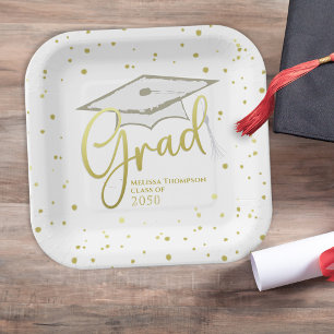 Graduate Grad Gold Calligraphy Graduation Cap Paper Plate