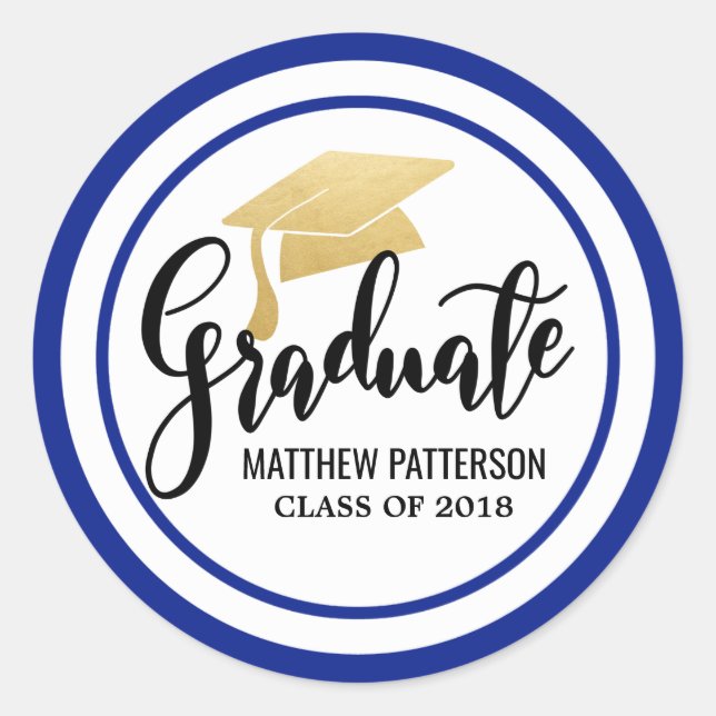 Graduate Handwritten Faux Gold Foil Hat Navy Blue Classic Round Sticker (Front)