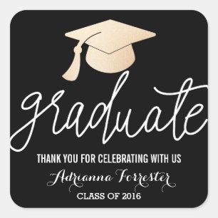 Graduate Handwritten Script Hat Thank You Black Square Sticker