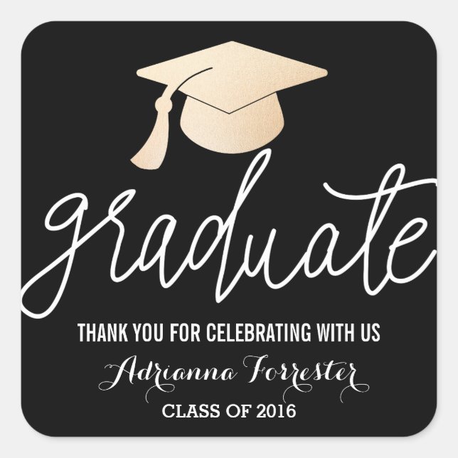 Graduate Handwritten Script | Hat Thank You Black Square Sticker (Front)