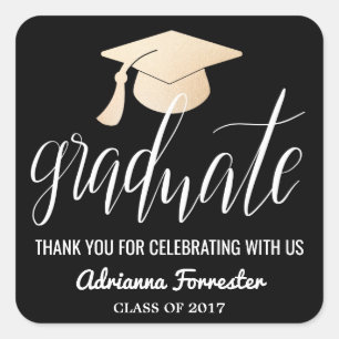 Graduate Handwritten Script Hat Thank You Black Square Sticker