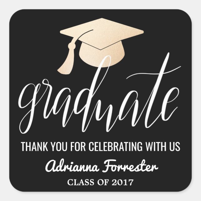 Graduate Handwritten Script | Hat Thank You Black Square Sticker (Front)
