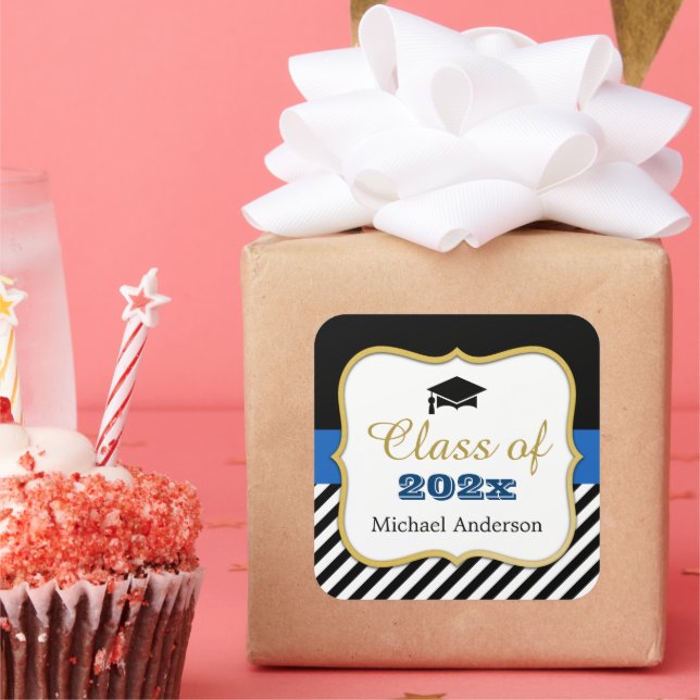 Graduate Hat Modern Gold Navy Stripes Graduation Square Sticker (Party)