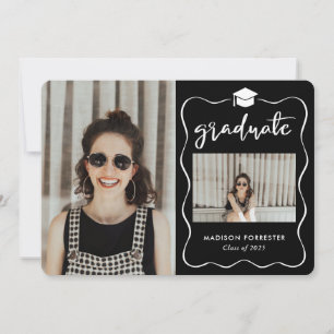 Graduate Hat Script Black Minimal Photo Collage Invitation
