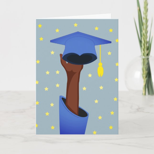 Graduate Holding Graduation Hat With Stars Blue Card (Front)