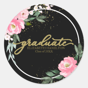 Graduate Hot Pink Floral Graduation Party Black Classic Round Sticker