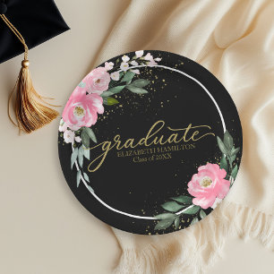 Graduate Hot Pink Floral Graduation Party Black Paper Plate