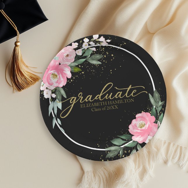 Graduate Hot Pink Floral Graduation Party Black Paper Plate (Creator Uploaded)
