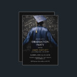 Graduate in Blue Gown with Mathematical Chalkboard Invitation<br><div class="desc">This striking image features a graduate wearing a deep blue cap and gown, standing confidently with their back to the camera. The background is a chalkboard filled with mathematical equations, formulas, and geometric sketches, symbolising academic achievement and intellectual growth. The image conveys a sense of accomplishment, inspiration, and the pursuit...</div>
