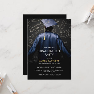 Graduate in Blue Gown with Mathematical Chalkboard Invitation