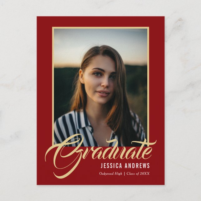 Graduate Invitation Modern Editable Photo Ruby Red Postcard (Front)