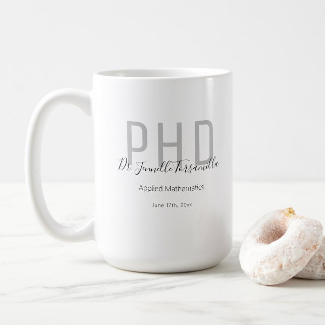 Graduate Keepsake Black Grey Name PhD Coffee Mug (With Donut)