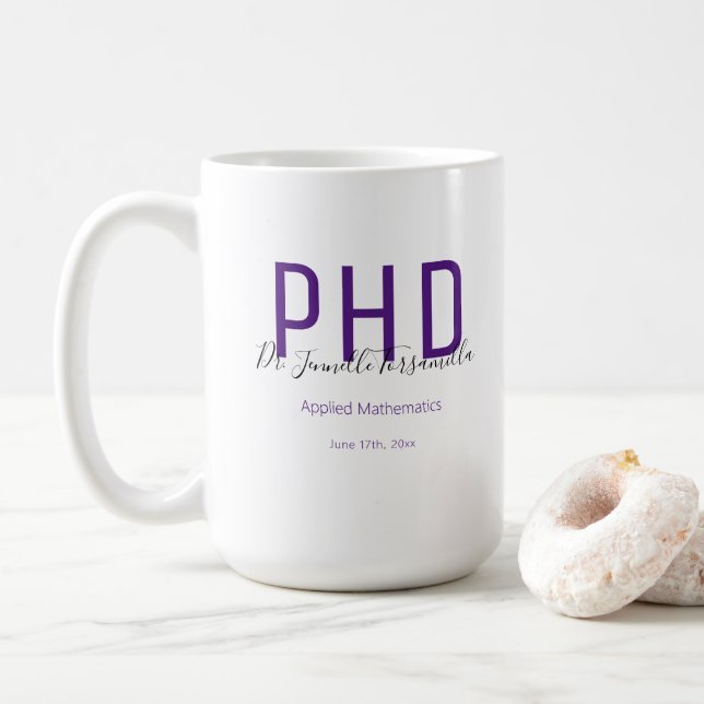 Graduate Keepsake Purple Name PhD Coffee Mug (With Donut)