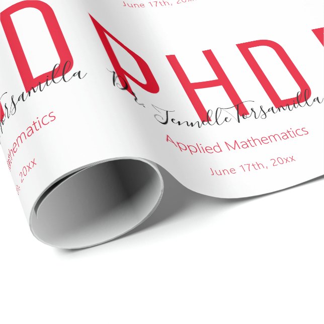 Graduate Keepsake Red Black Name Degree PhD Wrapping Paper (Roll Corner)