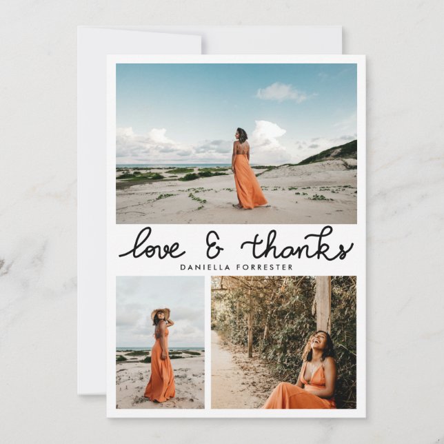 Graduate Love And Thanks Script Three Photos Thank You Card (Front)