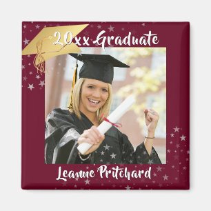 Graduate Maroon Gold Cap Brush Script Photo Stars Magnet