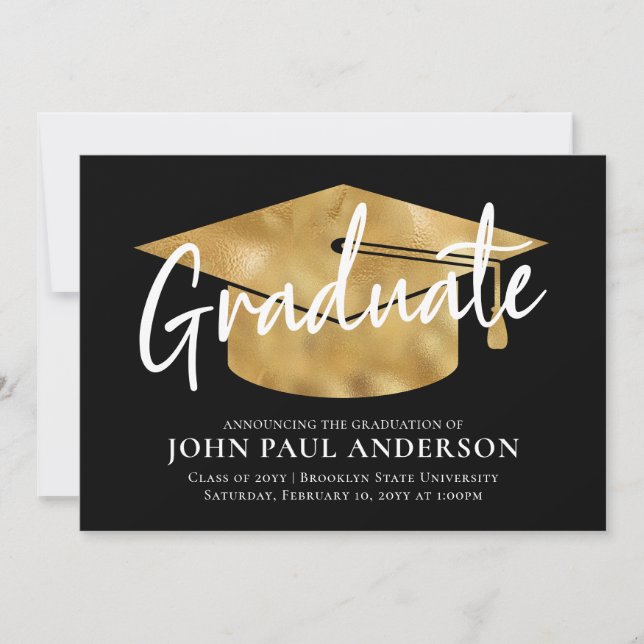 Graduate Metallic Gold Grad Cap Black Graduation Announcement (Front)