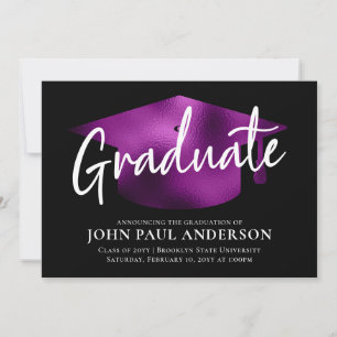 Graduate Metallic Purple Grad Cap Black Graduation Announcement