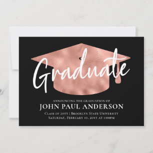 Graduate Metallic Rose Gold Cap Black Graduation Announcement