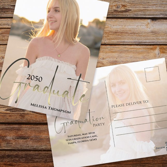 Graduate Minimalist Photo Template Gold Script  Postcard (Elegant Graduation photo invitation postcard with a 2-photo template. )
