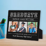 Graduate Modern Black 3 Photo Graduation Plaque<br><div class="desc">Classic 3 photo graduation plaque display sign with easel features Graduate in bold serif lettering with modern custom text that can be fully customised with the graduate's full name, class year, and school name. Add three favourite pictures of the graduate to the square placeholder images. Black background colour can be...</div>
