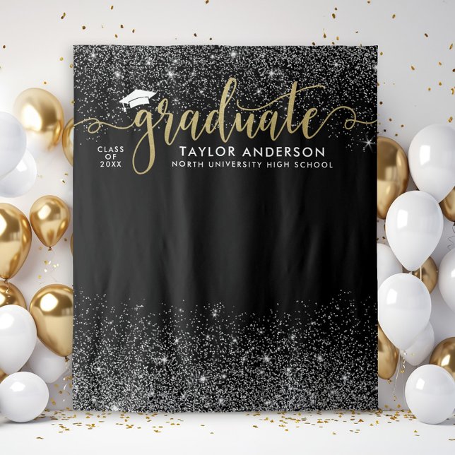 Graduate Modern Gold Script Black Graduation Party Tapestry (Creator Uploaded)
