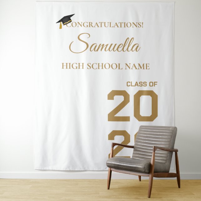 Graduate Modern Gold Script Graduation Party Tapestry (In Situ)