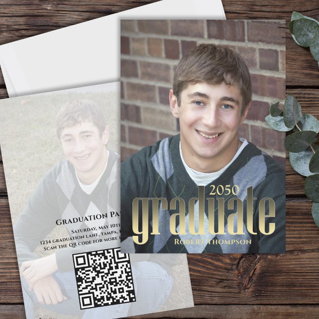 Graduate Modern Gold Typography Simple QR Code Invitation (Creator Uploaded)