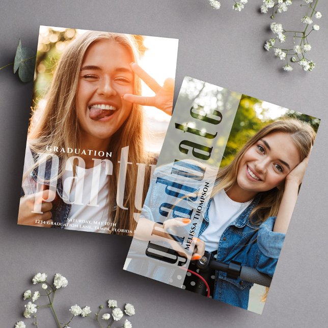 Graduate Modern Minimalist Photo Cool Typography Announcement (Graduation photo invitation announcement with modern typography.)